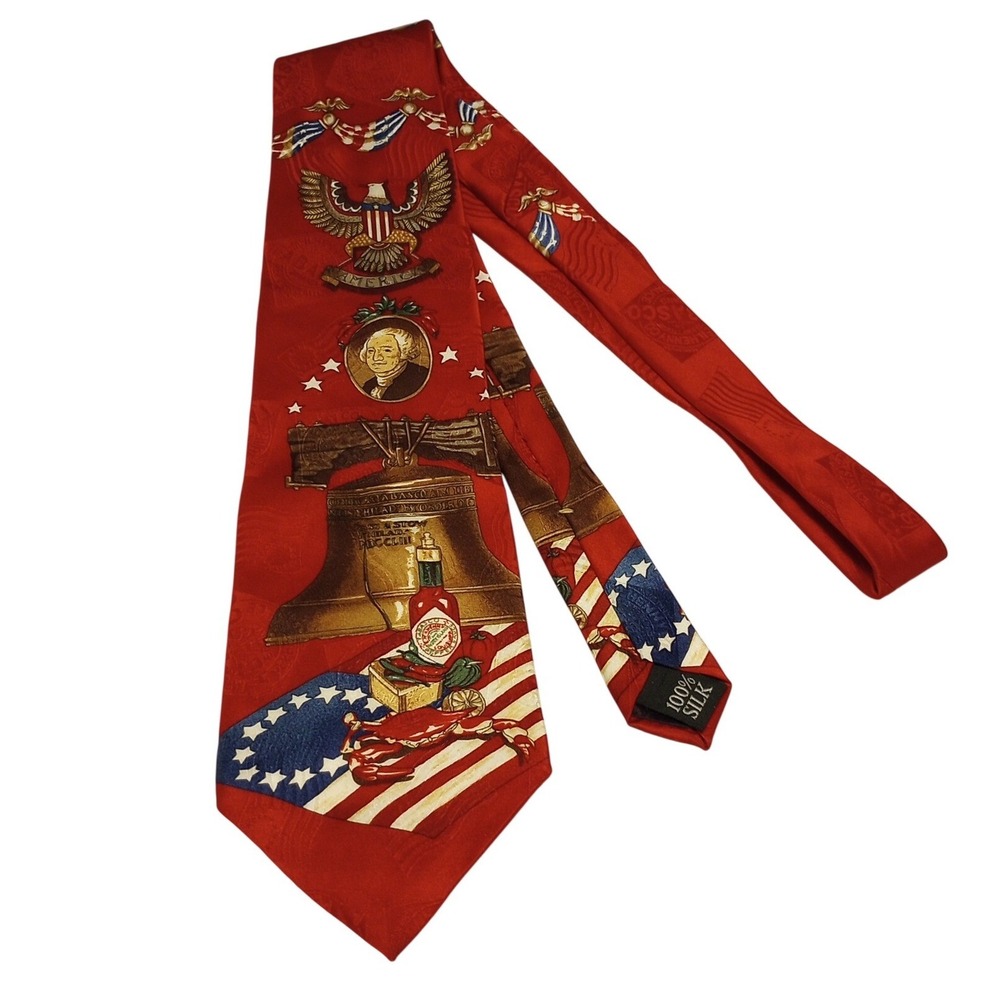 Tabasco Mens Silk Tie Red Americana Liberty Bell George Washington Patriotic USA - Picture 2 of 3
